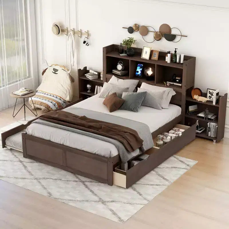 Plattformbett in voller Größe mit Stauraum, Ausziehbett, Kopfteil mit Bücherregal und Ladestation, Bettgestell aus Holz in voller Größe mit Regalen und Schubladen