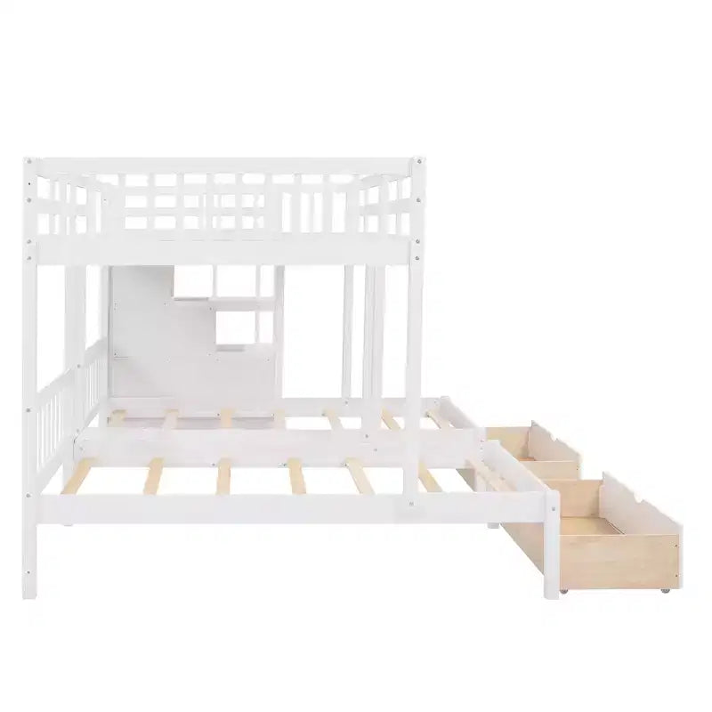 Whisen Etagenbett mit Doppelbett oben und zwei Einzelbetten unten, dreifaches Etagenbett aus Holz mit Schubladen und Schutzgittern