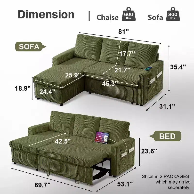Dyonery 81 Sektional-Schlafsofa, L-förmige Ausziehcouch mit beidseitigem Stauraum, USB, verstellbare Rückenlehne