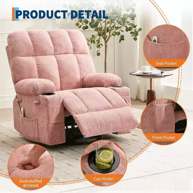 Übergroßer Relaxsessel für Erwachsene, Manueller Dreh-Schaukelsofa, Seitentaschen & Getränkehalter für Große und Schwergewichtige, Wohnzimmer