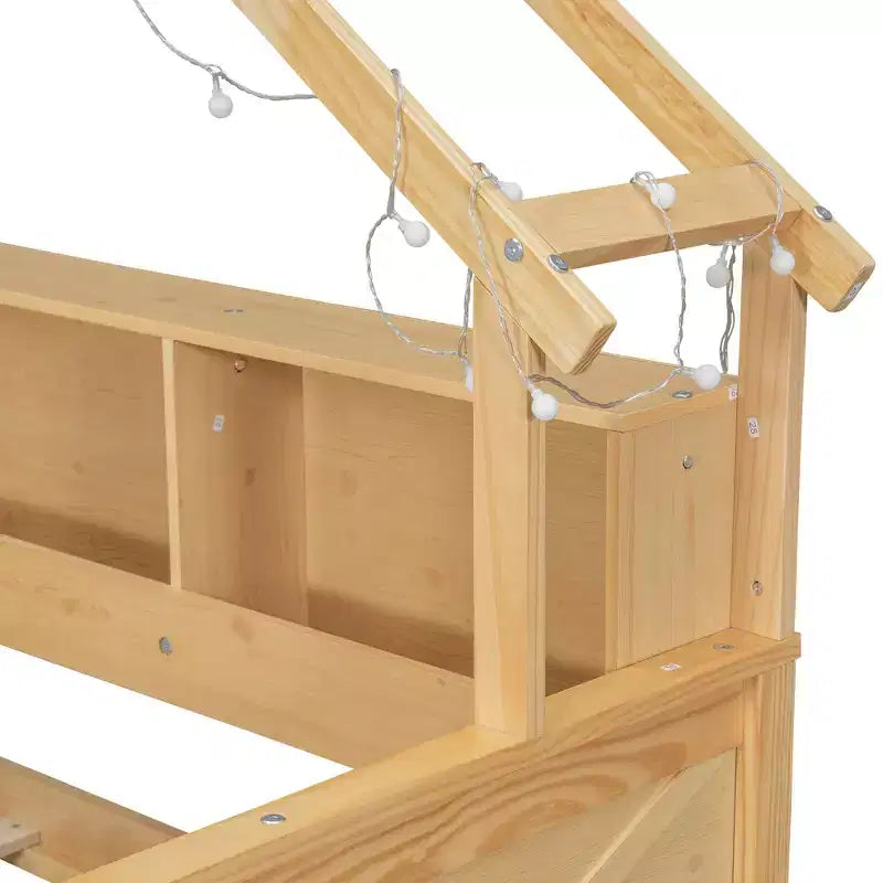 Hausbettgestell in voller Größe mit Schubladen, Haus-Plattformbett mit LED-Beleuchtung, Ablagefächern und Schubladen, Tagesbett aus Holz mit Dach und Geländer