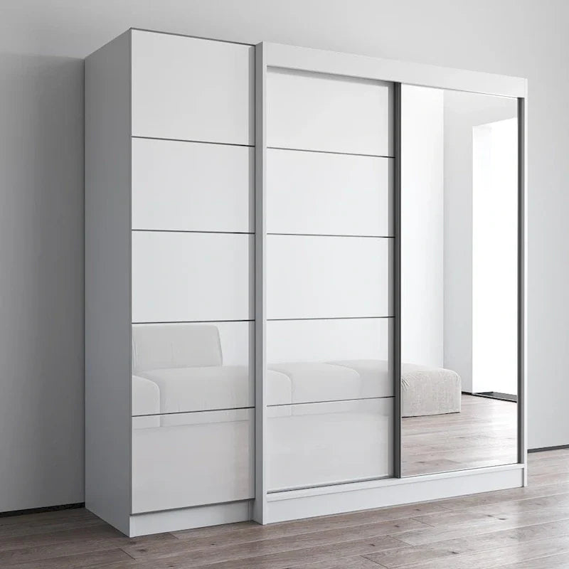 2-türiger Kleiderschrank mit Spiegel, Glasfront, 2-Personen (Grau / Schwarz / Weiß)