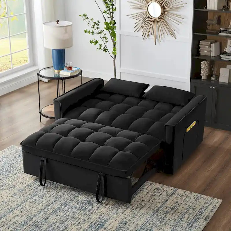 4-in-1 Loveseat Schlafsofa mit Armlehnen & Aufbewahrungstaschen, Multifunktionales getuftetes Ausziehsofa mit verstellbarer Rückenlehne