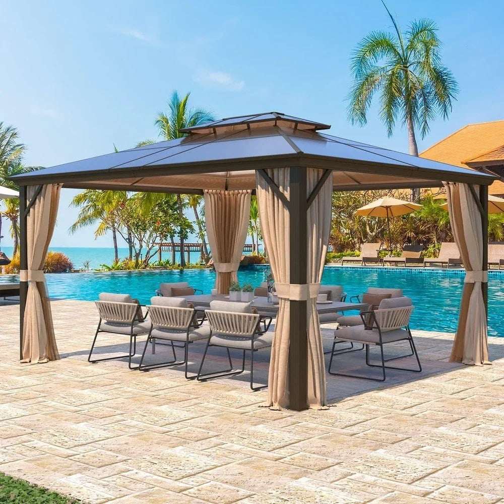 EROMMY Hardtop-Pavillon, Outdoor-Pergola mit Doppeldach & Netzen & Vorhängen, Hochleistungs-Canopy für Terrasse, Garten, Poolparty