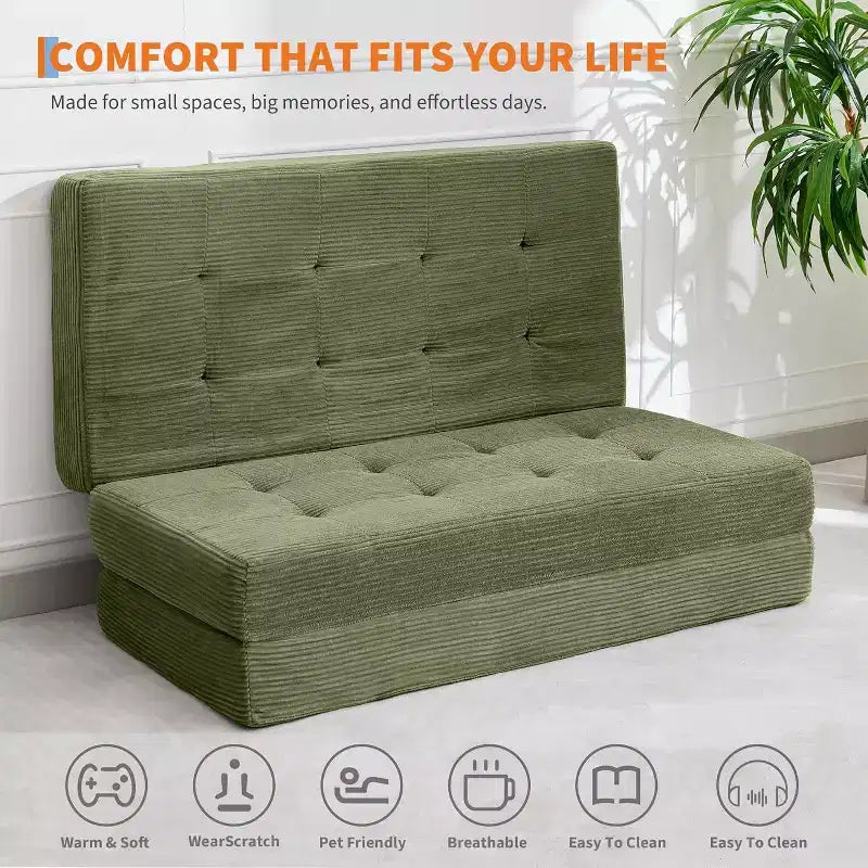 SunnyFurn 6 Zoll Dreifach-Klappmatratze Schlafsofa, 75x54,3 Schaumstoff-Gästebett mit getuftetem Cordbezug, tragbar für Camping, Wohnzimmer, Schlafzimmer