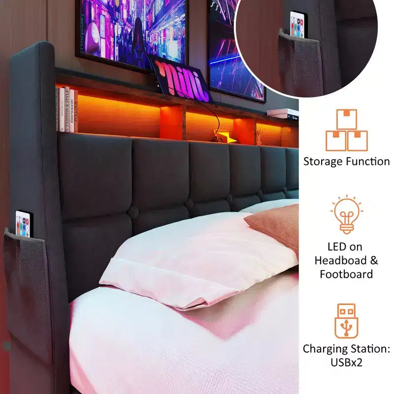 Queensize-Bett mit hydraulischem Stauraum, LED, USB, gepolstertem Kopfteil, kein Boxspringbett, einfache Montage