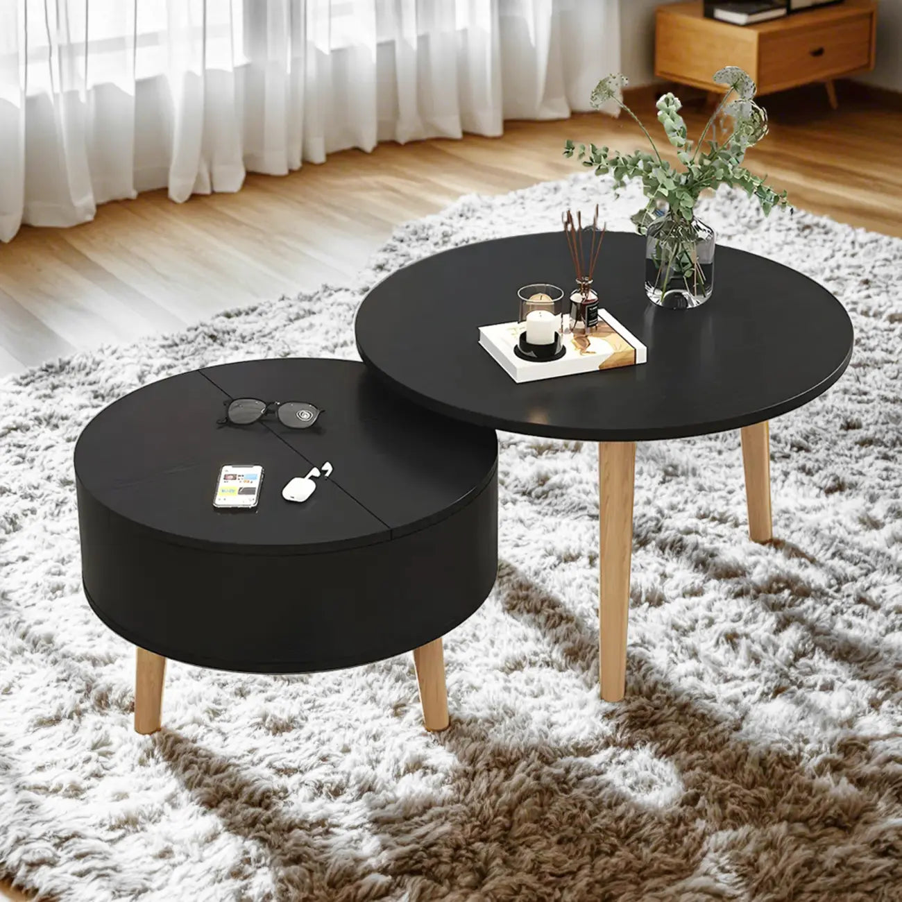 Schwarz Weiß Moderner Runder Couchtisch aus Holz mit Stauraum