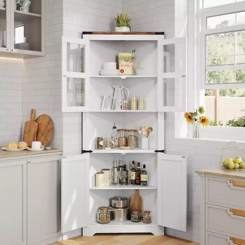 69" Hoher Eckschrank, Bauernhaus-Eckschrank, platzsparender Stauraum, Glastür, verstellbare Einlegeböden, für Wohnzimmer, Küche