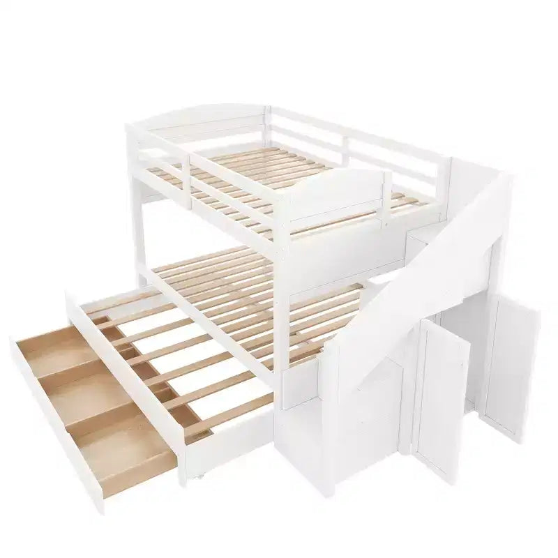 Whisen Twin XL Etagenbett mit Ausziehbett, Etagenbett mit Stauraum, Etagenbett aus Massivholz, Treppe mit Stauraum, Kleiderschrank, 3 Schubladen, für Kinder