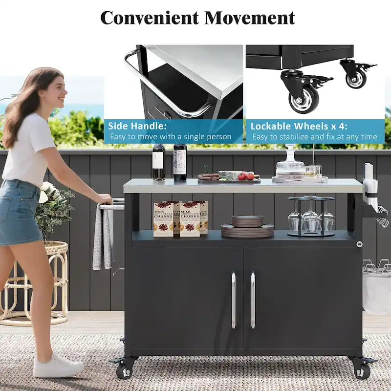 Outdoor-Kücheninsel mit Edelstahl-Arbeitsplatte, Metall-Grillwagen mit Stauraum - N/A