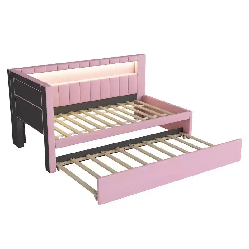 Einzel-/Doppel-Tagesbett mit Ausziehbett und L-förmigem Bücherregal-Kopfteil, gepolstertes Eckbett aus Leinen mit Ablageregalen und LED-Beleuchtung