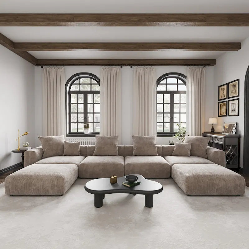 Großes modulares Ecksofa, Kordbezug, U-förmig, 4-Sitzer mit 2 Ottomanen und 5 Kissen