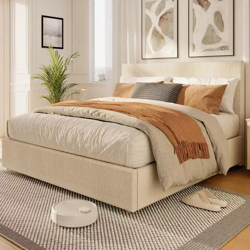 CuisinSmart Corduroy-Bettrahmen mit Kopfteil, gepolsterter Plattform-Bettrahmen mit 4 Schubladen und Holzlattenrostunterstützung