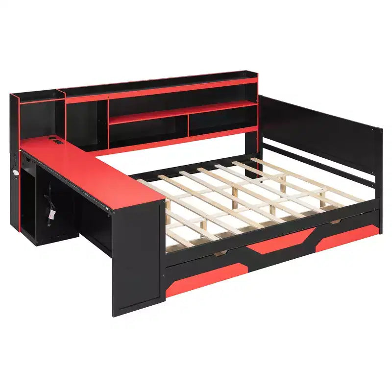 Gaming-Tagesbett (Queen-Size/Full-Size) mit Kopfteilregal, LED-Beleuchtung, integriertem Schreibtisch, Schubladen und Ladestation