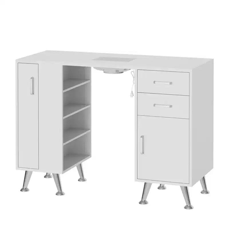 42'' Manikürtisch für Nageldesigner mit Staubabsaugung und Handauflage, Nageltisch mit vertikalem Ausziehschrank, 1 Aufbewahrungsschrank, 2 Schubladen