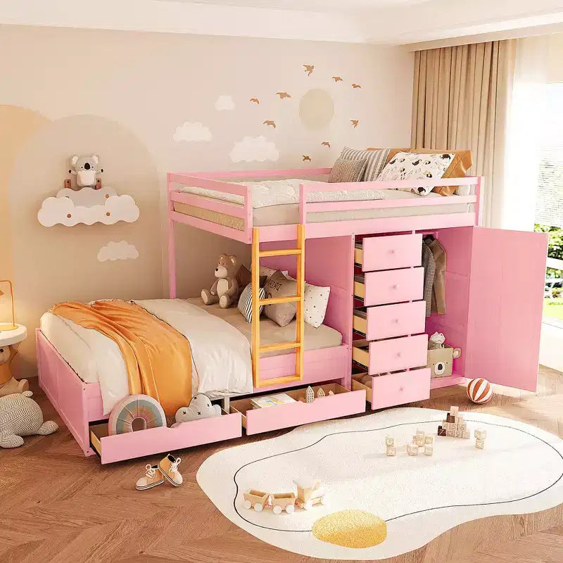 Etagenbett „Full-over-Full“ mit Kleiderschrank und Schubladen, platzsparendes Etagenbett aus Holz in voller Größe mit Rausfallschutz für Apartment, Schlafzimmer