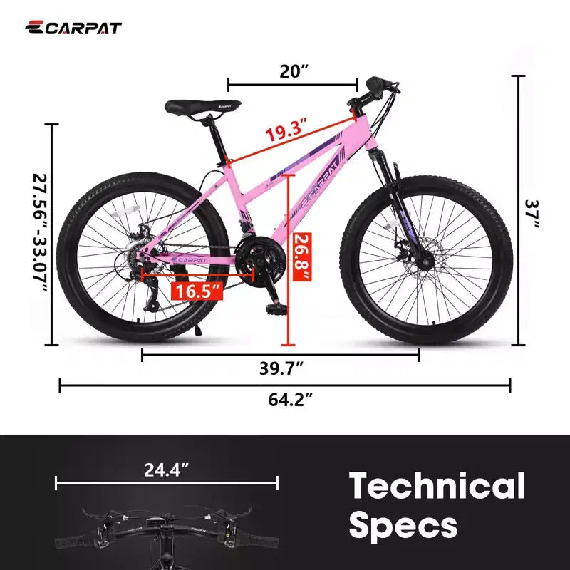 Okak 24/26 Zoll Mountainbike mit 21 Gängen und doppelten Scheibenbremsen, Kinderfahrrad mit 100mm Federgabel, Dirt Bike für Teenager und Frauen