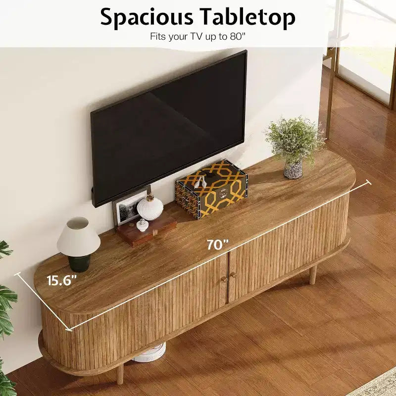 AMERLIFE 70 TV-Schrank mit Massivholzbeinen, Mid-Century Modern TV-Konsole mit Rolltür