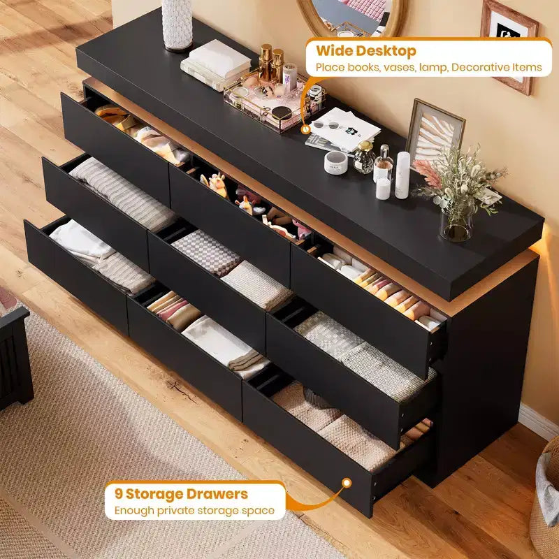 9 Schubladen Kommode für Schlafzimmer, Schubladenschrank mit Ladestation & LED-Beleuchtung, Doppel-Holz-Kleiderschrank, Moderne Kommode TV-Ständer