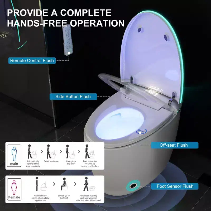 Smart-Bidet-Toilette mit automatischem Öffnen/Schließen von Deckel und Sitz, Fußsensor-Spülung, spülkastenlos, einteilig, verlängert, beheizter Sitz