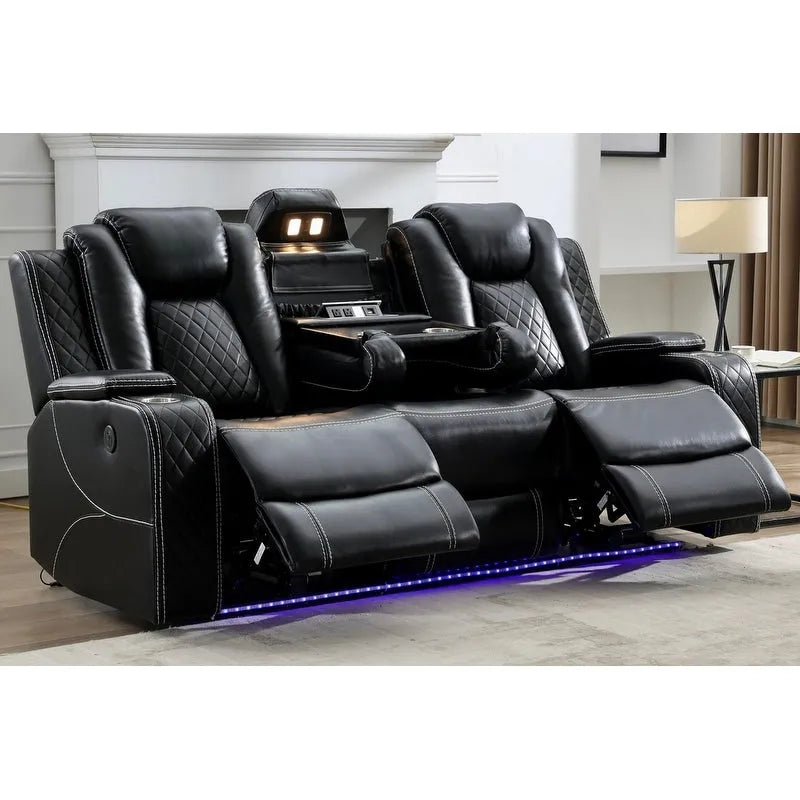 Elektrisches Relaxsofa mit kabellosem Ladegerät, Leselampe für das Wohnzimmer, Kunstleder-LED-Beleuchtung, AC/USB-Anschluss, Getränkehalter, Schwarz