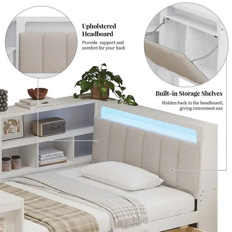 L-förmiges Holzsofa-Tagesbett mit Schreibtisch, Bücherregal, Eckbett mit Schubladen unter dem Bett, gepolstertem Kopfteil und integrierter Beleuchtung
