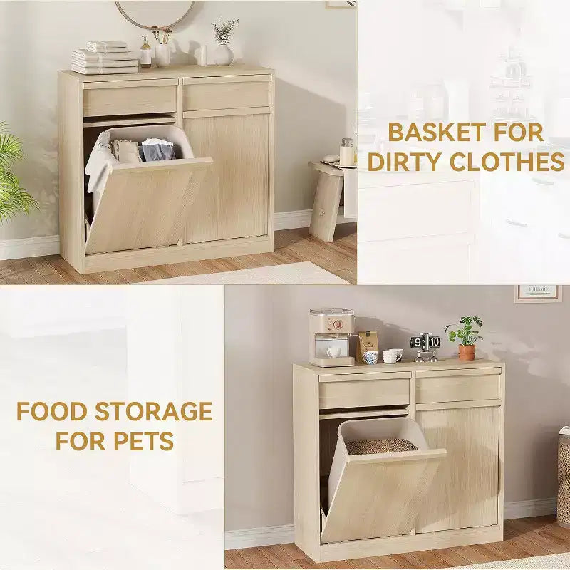 Kippbarer Mülleimer, natürliche Eiche, Mülleimer mit Stauraum und Schublade, versteckter Müllschrank, Wäschekorb für Küche, Esszimmer, Wohnzimmer