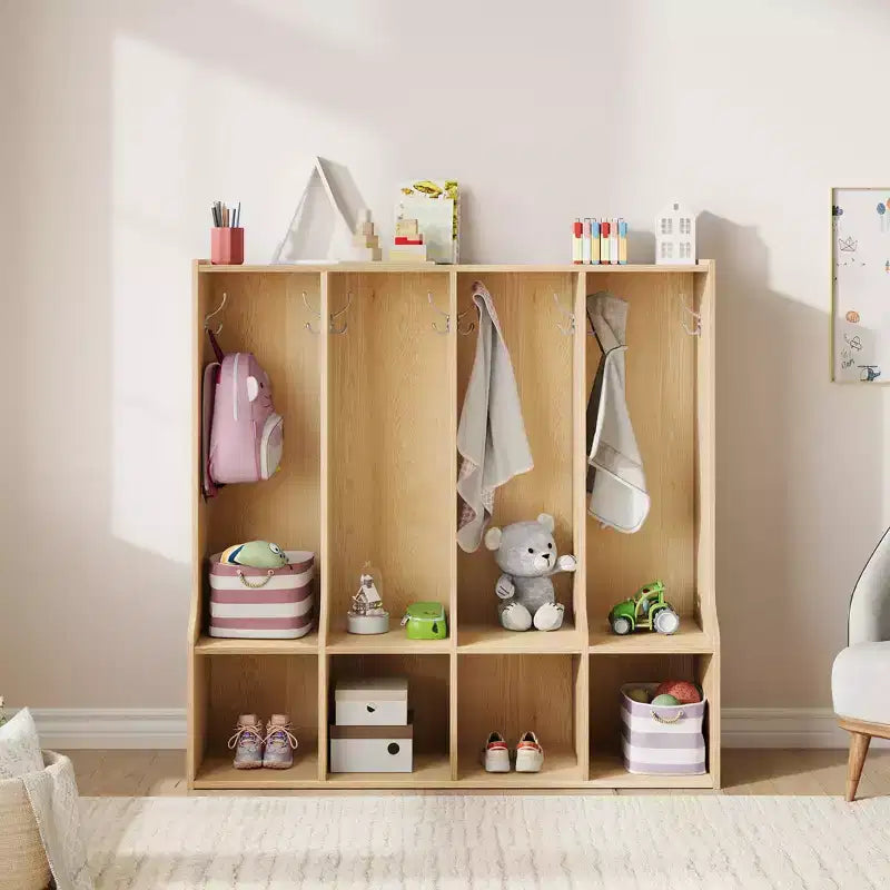 Braun/Weißes Garderobenfach mit 4 Abschnitten und 8 Haken, für Kinder