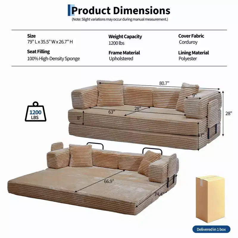 80.7 5-in-1 Schlafsofa – Kord, 544 kg, kein Aufbau