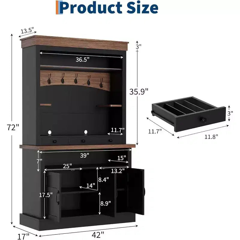 72" Hoher Bauernhaus-Kaffeebar-Schrank mit LED-Beleuchtung, Küchenbuffet mit Türen und Schublade, verstellbaren Einlegeböden, geräumiger Stauraum