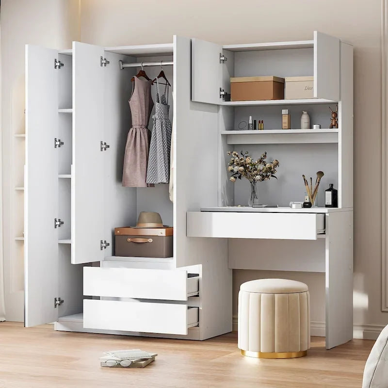 3-in-1 Kleiderschrank mit Schminktisch, Schreibtisch-Set, Schlafzimmer-Schrank mit 2 Schubladen, 3-türiger Aufbewahrungsschrank mit Schreibtisch