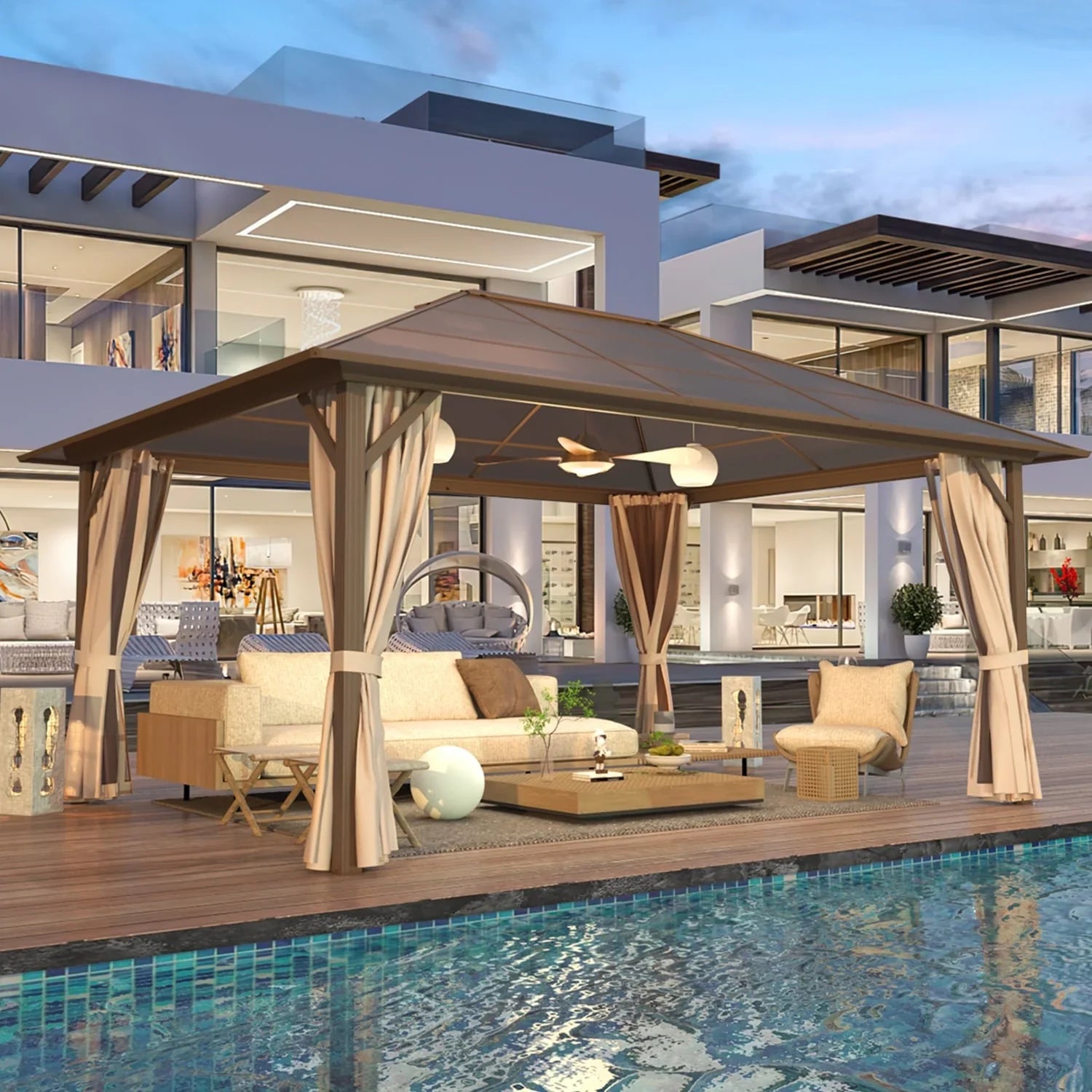 EROMMY Hardtop-Pavillon, Outdoor-Pergola mit Doppeldach & Netzen & Vorhängen, Hochleistungs-Canopy für Terrasse, Garten, Poolparty
