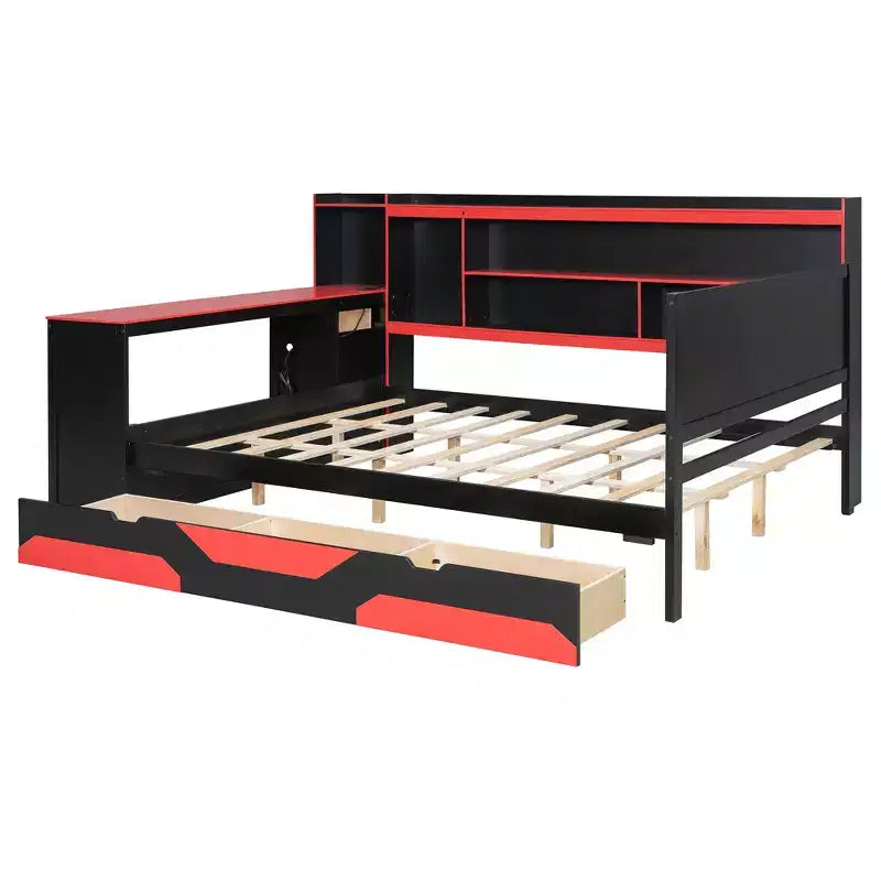 Gaming-Tagesbett (Queen-Size/Full-Size) mit Kopfteilregal, LED-Beleuchtung, integriertem Schreibtisch, Schubladen und Ladestation