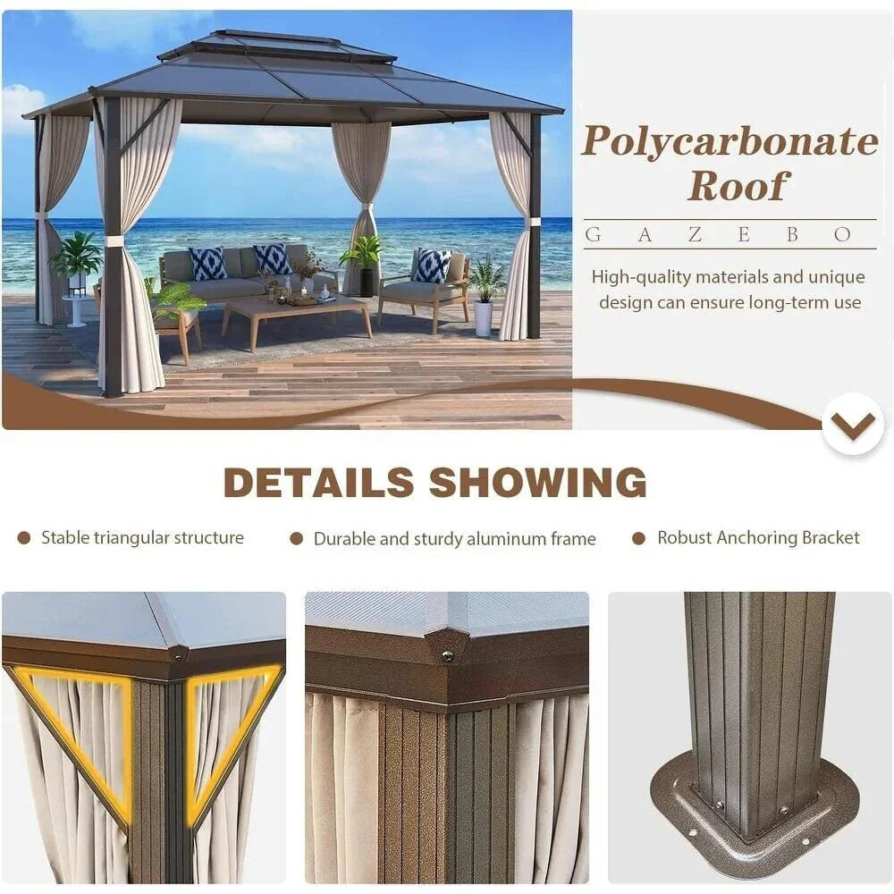 EROMMY Hardtop-Pavillon, Outdoor-Pergola mit Doppeldach & Netzen & Vorhängen, Hochleistungs-Canopy für Terrasse, Garten, Poolparty