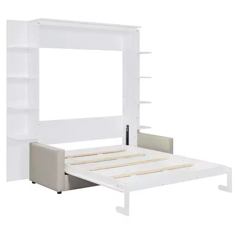 Whisen Modern Design Queen-Size Schrankbett mit Holzrahmen, Sofa und Regalen
