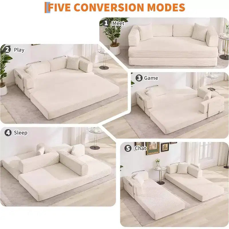 5-in-1 Schlafsofa, 78.8 Modulares Cord-Schlafsofa mit stabilem Rahmen, Multifunktions-Futon für kleine Räume, Wohnzimmer und Gästezimmer
