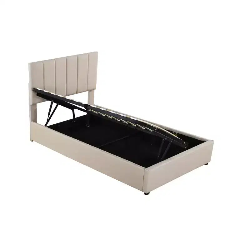 Bellemave Einzelbett mit Hochklappfunktion, Gepolstertes Plattformbett mit hydraulischem Aufbewahrungssystem, Kopfteil mit vertikalen Streifen, Beige