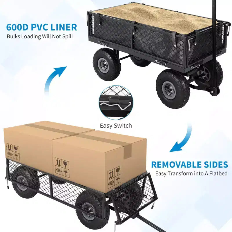 Hochleistungs-Stahl-Gartenwagen, 500 Lbs, klappbarer Gerätewagen mit abnehmbaren Gitterseiten und Einlage, 10 pneumatische Reifen, Ziehgriff
