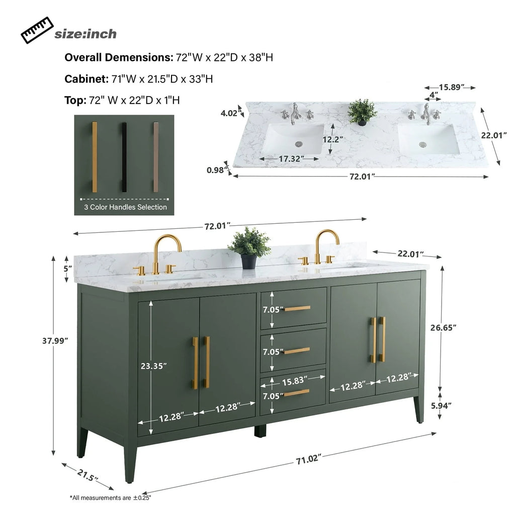 Vanity Art 72 Zoll Badezimmer-Waschtischunterschrank mit Doppelwaschbecken und Kunstmarmorplatte