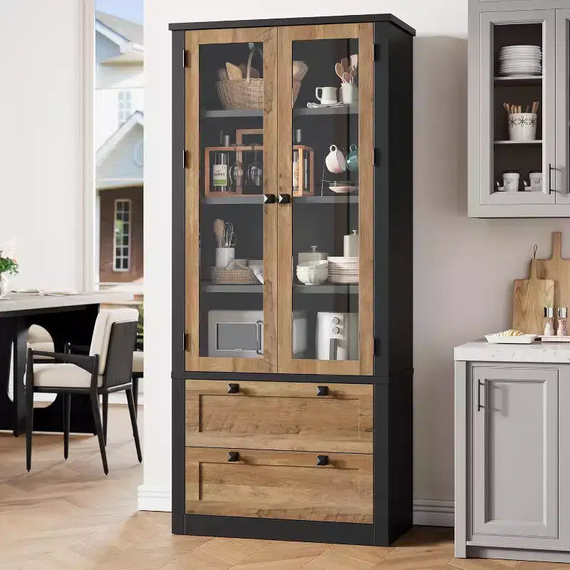Farmhouse Küchenschrank mit Glastüren, 183 cm Vorratsschrank mit Schubladen und verstellbaren Regalböden für Esszimmer, Bad, Wohnzimmer