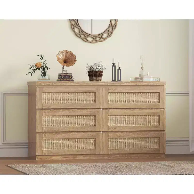 Rattan-Kommode für Schlafzimmer mit 6 Schubladen, 47" moderne Farmhouse breite Kommode, Holz-Aufbewahrungsschrank-Organizer für Kleiderschrank, Wohnzimmer, Flur