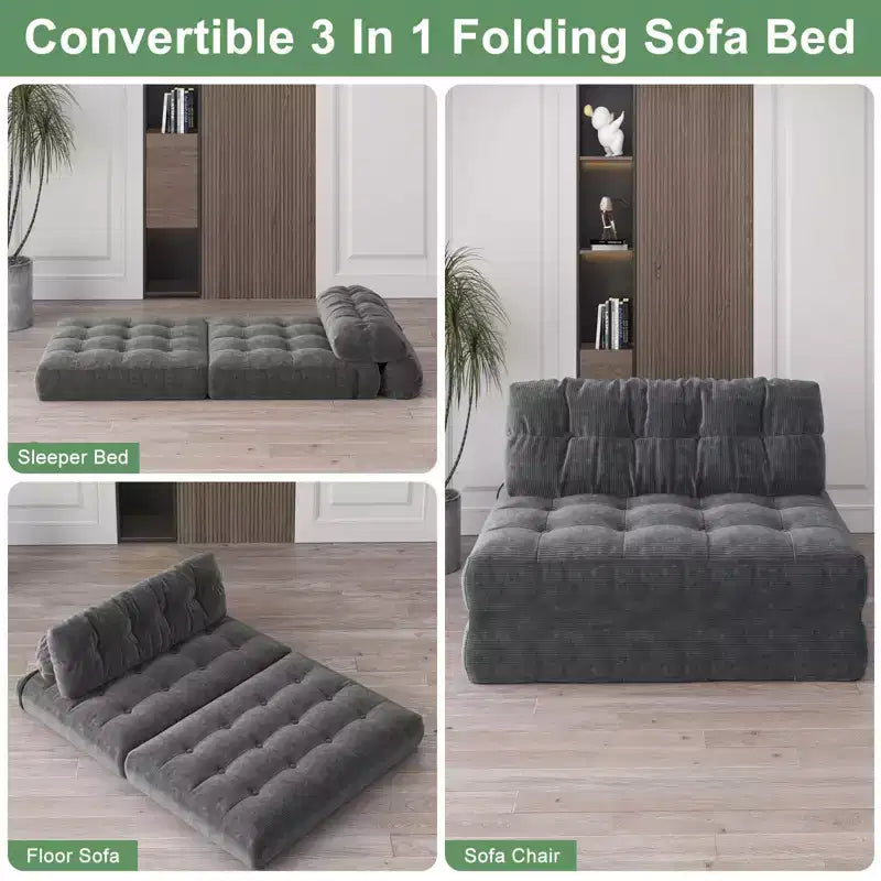 Klappbares Cord-Schlafsofa Futon, wandelbarer Bodenschlafsessel mit Kissen & Rückenlehne
