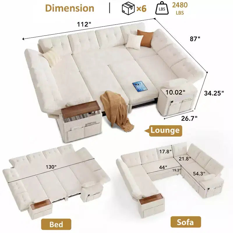 Dyonery 112 Modulares Schlafsofa mit Ausziehfunktion, U-förmiges Schnittsofa mit Stauraum, extra breite und tiefe Sitzflächen für das Wohnzimmer