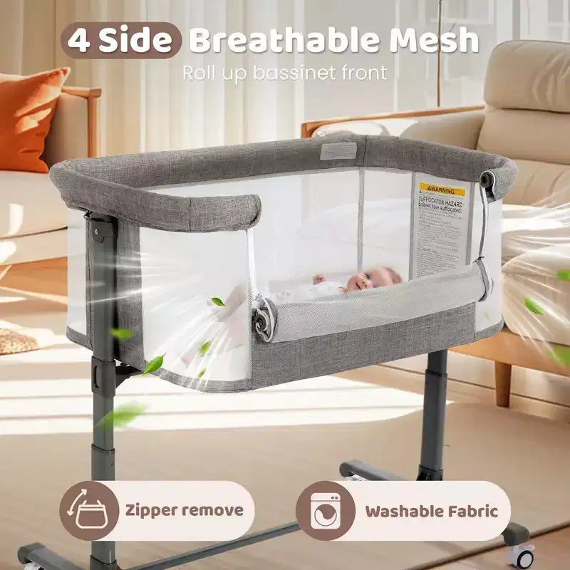 Baby-Beistellbett mit Rollen – Beige / Grau / Rosa, Bettschläfer, für 1 Baby