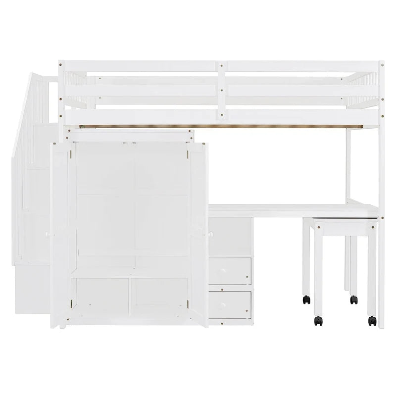 Doppelbett-Hochbett mit Treppe, Bücherregal, Schreibtisch und Kleiderschrank – platzsparendes Multifunktionsmöbel für Kinder & Jugendliche – Weiß