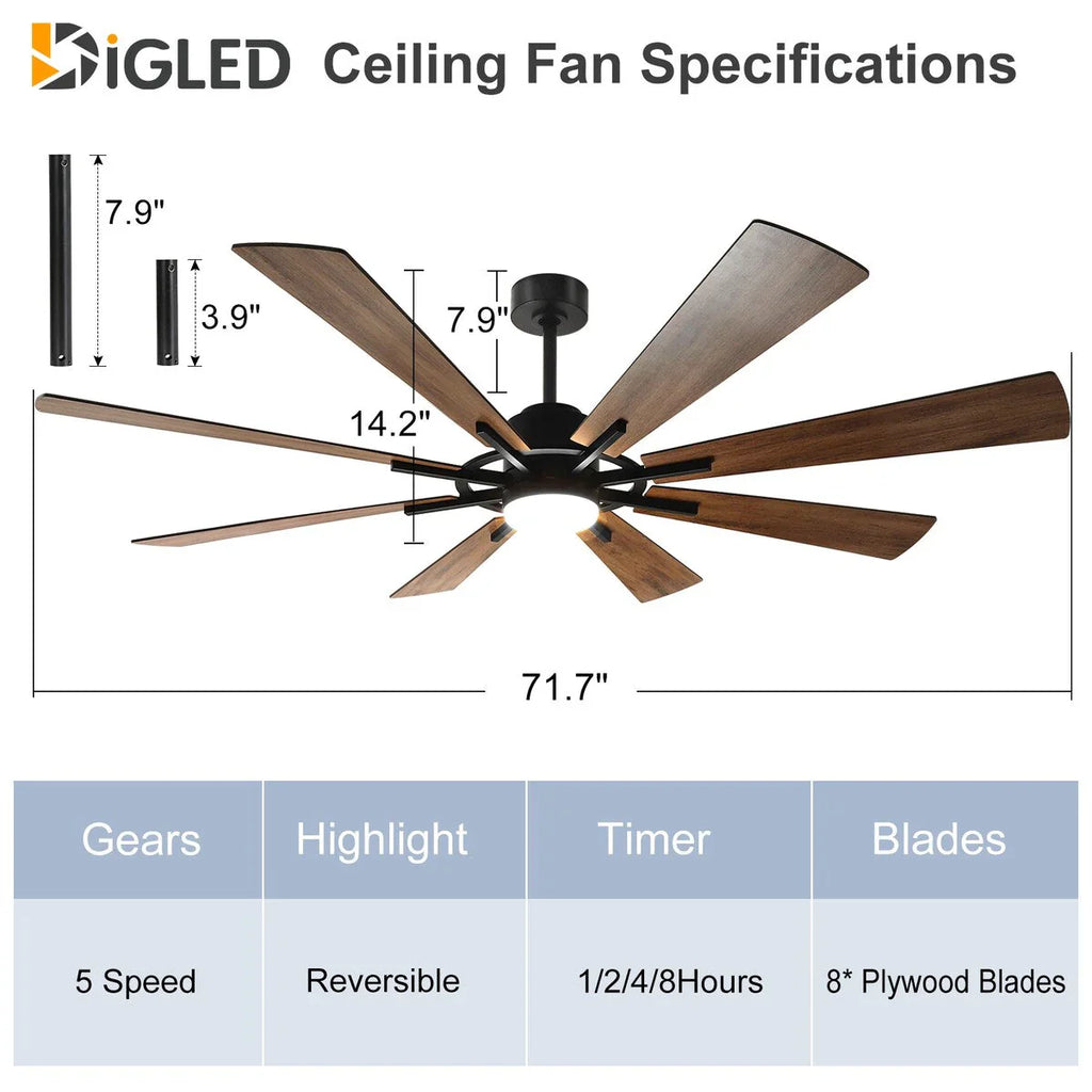 Deckenventilator mit Beleuchtung, Fernbedienung, groß, 8 Holzflügel