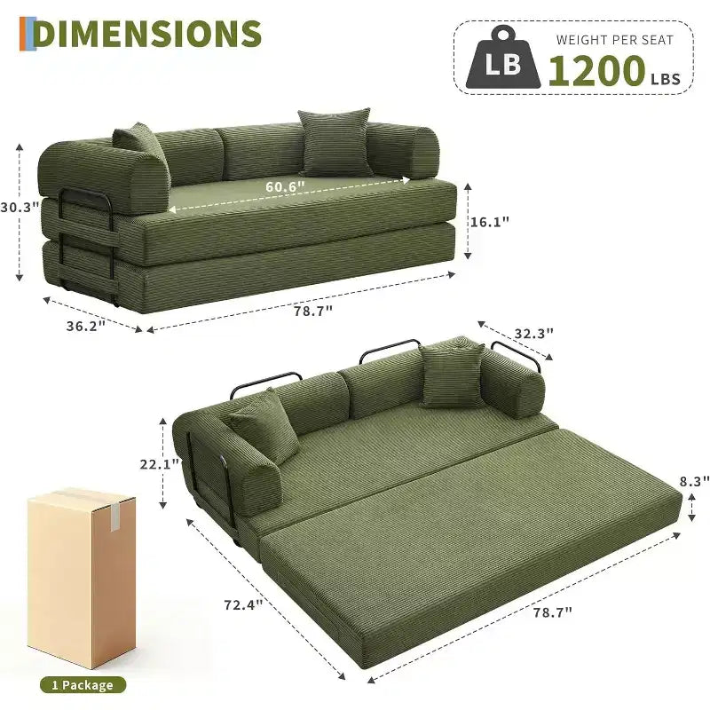 2-in-1 Schlafsofa, bequemes klappbares Cord-Schlafsofa mit tiefer Sitzfläche und breiten Armlehnen, knochenloses Sofa, für Wohnzimmer, Apartments