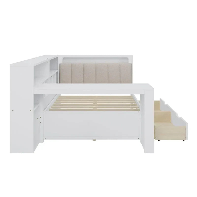 L-förmiges Holzsofa-Tagesbett mit Schreibtisch, Bücherregal, Eckbett mit Schubladen unter dem Bett, gepolstertem Kopfteil und integrierter Beleuchtung