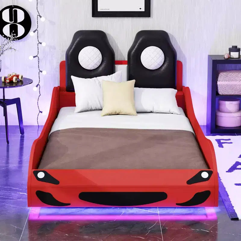 Whisen Wood Plattformbett in Rennwagen-Form, Twin-Größe, mit LED-Beleuchtung und gepolsterter Rückenlehne