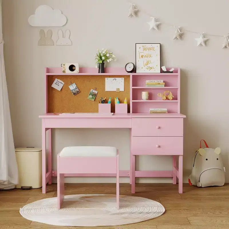 Kinder Schreibtisch und Stuhl Set, Holz Lerntisch mit verstellbarer Neigungsplatte, Schubladen & Korktafel - Schul-Lernschreibtisch Set für Kinder